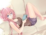  bad_id bad_pixiv_id bare_shoulders barefoot bespectacled blue_eyes book casual couch glasses highres legs long_hair lying megurine_luka no_bra on_back pink_hair reading roku_(hikokeng) shorts sleeveless solo tank_top vocaloid 