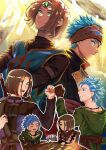  2boys absurdres aqua_eyes armlet ascot bead_necklace beads black_jacket black_shirt blue_eyes blue_hair blue_tabard blush brown_gloves brown_hair camus_(dq11) candle circlet commentary_request cosplay couple dragon_quest dragon_quest_xi earrings eyepatch fingerless_gloves fist_bump gem gloves gold_earrings green_gemstone green_tunic grey_ascot hairband hero_(dq11) highres hoop_earrings jacket jewelry looking_at_another looking_to_the_side male_focus multiple_boys multiple_persona necklace official_alternate_costume open_mouth parted_hair profile red_sash roche_(dq11) roche_(dq11)_(cosplay) sash shirt silver_armlet silver_circlet single_bang sitting smile spiked_hair sword sword_on_back tabard tunic user_muvx7483 weapon weapon_on_back window yaoi 