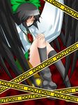  arm_cannon asymmetrical_clothes black_hair bow cape caution_tape engrish green_bow hair_bow hair_over_one_eye mismatched_footwear ranchuu_(akamusume) ranguage reiuji_utsuho solo touhou typo weapon wings yellow_eyes 
