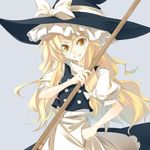  bad_id bad_pixiv_id blonde_hair bow broom grin hair_bow hand_on_hip hat hat_ribbon kirisame_marisa long_hair matsuyama_nozomu ribbon smile solo touhou witch_hat yellow_eyes 