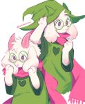 2025 2_horns anthro artist_name blush blush_lines bovid caprine catosauruus clothed clothing deltarune eyewear floppy_ears fur glasses goat green_clothing green_eyewear green_glasses green_hat green_headwear green_robe hat headgear headwear heart_symbol hi_res holding_both_ears horn male mammal pink_horn pink_scarf ralsei robe round_glasses scarf shy simple_background solo sparkles standing text undertale_(series) wearing_glasses white_background white_body white_fur