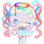  1girl ;d blonde_hair blood blood_drip blood_on_face blue_eyes blue_hair blue_serafuku blue_socks bow bright_pupils chest_bow chibi chibi_only chouzetsusaikawa_tenshi-chan colored_tips drawn_wings full_body hair_bow half-closed_eye halo looking_at_viewer multicolored_hair multicolored_halo multiple_hair_bows naishukketsukata needy_girl_overdose one_eye_closed pink_hair quad_tails rainbow_halo school_uniform serafuku smile socks solo thumbs_up white_background white_pupils 
