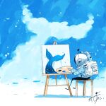  1other absurdres artist_name backpack bag blue_jacket blue_sky canvas_(object) cetacean_tail cloud easel fins fish fish_tail flying_fish gloves helmet highres holding holding_paint_palette holding_paintbrush jacket kazunoko_(kazunoko_zunoco) looking_at_object on_stool original outdoors paint_palette paintbrush painting_(action) painting_(object) radio_antenna signature sitting sky solo space_helmet stool tail white_gloves 