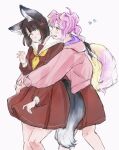  2girls :3 :d animal_ears anyoji_hime black_hair black_ribbon blunt_bangs blunt_ends blunt_sidelocks bob_cut brown_dress commentary dog_ears dog_girl dog_tail dress feet_out_of_frame flower flower_knot fox_ears fox_girl fox_tail green_eyes hair_flower hair_ornament hair_ribbon hasu_no_sora_school_uniform heart highres hood hooded_jacket hug hug_from_behind jacket kemonomimi_mode link!_like!_love_live! long_sleeves looking_at_another love_live! medium_dress momose_ginko multi-tied_hair multiple_girls neckerchief open_mouth parted_lips pink_flower pink_jacket pleated_dress ponytail ribbon sailor_collar sailor_dress school_uniform short_hair sidelocks simple_background smile tail virtual_youtuber white_background white_sailor_collar winter_uniform yam5565 yellow_neckerchief 