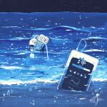  1other absurdres artist_name backpack bag beamed_eighth_notes beamed_sixteenth_notes blue_jacket cable cellphone commentary eighth_note fish flying_fish gloves helmet highres horizon jacket kazunoko_(kazunoko_zunoco) leaning_forward musical_note night night_sky ocean original phone radio_antenna sand shore signature sky smartphone solo space_helmet standing star_(sky) starry_sky white_gloves 