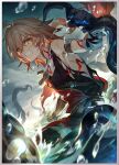  1boy aged_down ahoge arm_tattoo armlet bandaged_arm bandages bare_shoulders belt black_gloves black_pants black_shirt blonde_hair bruise bruise_on_face clenched_teeth cloud cloudy_sky gauntlets gloves gold_armlet gradient_hair hadanugi_dousa highres honkai:_star_rail honkai_(series) injury jewelry looking_to_the_side male_focus medium_hair multicolored_hair mydei_(a_trail_of_bygone_blood)_(honkai:_star_rail) mydei_(honkai:_star_rail) neck_tattoo necklace official_alternate_costume official_art orange_hair pants partially_submerged red_shirt shirt short_hair single_gauntlet single_glove sky solo tattoo teeth tentacles third-party_source water_drop yellow_eyes 
