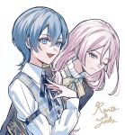  2boys :d ;) androgynous black_jacket blue_eyes blue_ribbon blue_vest blunt_sidelocks boys_be_maid! character_name collared_shirt frilled_shirt_collar frills hair_between_eyes hand_on_own_chest highres jacket kisaki_yoka leaning_forward long_hair long_sleeves looking_at_viewer looking_to_the_side low_ponytail male_focus multicolored_eyes multiple_boys neck_ribbon one_eye_closed pink_eyes pink_hair plaid_clothes plaid_vest ponytail ribbon school_uniform shirt short_hair sidelocks simple_background sleeve_garter smile striped_ribbon tagari_6 takashina_ranto two-tone_eyes vest white_background white_shirt yellow_ribbon 