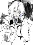  1boy commentary cropped_jacket expressionless facial_mark final_fantasy final_fantasy_vii final_fantasy_vii_ever_crisis greyscale high_collar highres jacket kyuu_vide looking_at_viewer male_focus monochrome official_alternate_costume open_clothes open_jacket parted_bangs sephiroth sephiroth_(custom_suit) sephiroth_(ever_crisis) short_hair solo upper_body 
