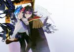  2boys ai_(yu-gi-oh!) alternate_form black_cape black_hair black_pants blurry blurry_background brown_eyes bug butterfly butterfly_on_hand cape capelet colored_bangs dappled_sunlight epaulettes facing_another facing_to_the_side fujiki_yusaku green_eyes hand_on_another&#039;s_cheek hand_on_another&#039;s_face heads_together highres looking_to_the_side male_focus multiple_boys painting_(object) pants picture_frame purple_shirt screen0624 shirt sunlight through_medium through_painting white_background white_capelet white_shirt yu-gi-oh! yu-gi-oh!_vrains 