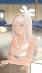 1girl absurdres bare_arms bare_shoulders blue_archive blush breasts cleavage closed_mouth grey_eyes highres long_hair nagusa_(blue_archive) naked_towel onsen parted_bangs partially_submerged sidelocks smile solo towel user_zdnt8555 wet white_hair 