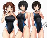  3girls absurdres amagami ass_visible_through_thighs bare_arms bare_shoulders black_choker black_eyes black_hair black_one-piece_swimsuit black_ribbon blue_one-piece_swimsuit blush breasts brown_eyes brown_hair choker closed_mouth commentary_request competition_swimsuit covered_navel cowboy_shot dated grin hair_between_eyes hair_ribbon hand_on_own_cheek hand_on_own_chest hand_on_own_face hand_on_own_hip hand_up heart highleg highleg_one-piece_swimsuit highres large_breasts looking_at_viewer multiple_girls nakata_sae nanasaki_ai one-piece_swimsuit parted_lips ribbon signature simple_background smile standing swimsuit tachibana_miya twintails two-tone_one-piece_swimsuit white_background yoo_tenchi 