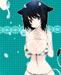  animal_ears animal_print bikini black_eyes black_hair breast_press breasts cleavage cow_girl cow_horns cow_print cow_tail front-tie_top horns large_breasts mamemix milk original short_hair smile solo swimsuit tail 