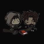  2boys afraid_of_monsters axe black_gloves black_hair black_hoodie brown_hair chibi chibi_only cry_of_fear david_leatherhoff drugs facial_hair fire_axe full_body gloves goatee_stubble gun hammer highres hood hood_down hood_up hoodie ju-san looking_at_another male_focus messy_hair multiple_boys on_ground pill print_hoodie scar scar_on_face short_hair simon_henriksson sitting solo stubble syringe weapon 