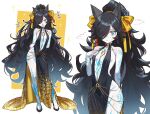 1girl :&gt; :/ absurdres animal_ears arms_behind_back bare_arms bare_shoulders black_dress black_hair black_shoes blue_eyes blue_nails blue_tattoo breasts cat_ears cat_girl closed_mouth colored_skin contrapposto dark_kasli_(nyanko_daisensou) dress ebora english_commentary evening_gown gold_dress gold_jewelry gradient_clothes gradient_dress hair_over_one_eye halter_dress halterneck high_heels high_ponytail highres long_hair looking_at_viewer multiple_views nail_polish no_panties nyanko_daisensou o-ring open_mouth ponytail shoes small_breasts smile sweatdrop swept_bangs very_long_hair wavy_hair white_skin 