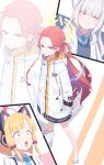  &gt;:( 3girls absurdres ahoge animal_ear_headphones animal_ears arm_at_side bare_legs blonde_hair blue_archive blue_eyes blue_halo blue_necktie blue_vest blunt_bangs blunt_ends bow braid cat_ear_headphones cat_ears chinese_commentary clenched_hand clenched_teeth closed_mouth coat collared_shirt commentary electricity eyes_visible_through_hair fake_animal_ears forehead full_body furrowed_brow greyscale hair_behind_ear hair_bow halo headphones highres hood hood_down hooded_coat jacket lapels long_hair long_sidelocks long_sleeves looking_at_viewer low-tied_sidelocks medium_hair millennium_science_school_logo millennium_science_school_student_(blue_archive) millennium_science_school_student_b_(blue_archive) momoi_(blue_archive) monochrome multicolored_coat multiple_girls necktie one_eye_closed one_side_up open_clothes open_jacket open_mouth orange_background orange_hair parted_bangs pink_background pink_eyes pink_halo pocket power_symbol purple_eyes raised_eyebrows red_bow sandals school_uniform shirt sidelocks single_braid slides standing surprised suspenders sweat t-hou teeth two-tone_background v-shaped_eyebrows vest white_background white_bow white_coat white_hair white_jacket white_sandals white_shirt wide-eyed wing_collar yellow_coat yellow_halo yuzu_(blue_archive) zoom_layer 