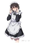  1girl alternate_costume apron black_hair blush dated dress enmaided hands_up highres long_sleeves looking_at_viewer maid maid_apron momijiyama_teru red_eyes short_dress short_hair shy_(series) simple_background solo takatisakana white_background 