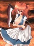  aokichi breasts cleavage collarbone hair_bobbles hair_ornament highres large_breasts nipple_slip nipples onozuka_komachi open_mouth red_eyes red_hair scythe short_hair solo touhou two_side_up 