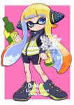  1girl adversarial_noise agent_3_(splatoon) bike_shorts black_shoes black_shorts blonde_hair blue_eyes border commentary_request gradient_hair hand_on_own_hip high-visibility_clothing high-visibility_vest hirotaka_(hrtk990203) inkling long_hair multicolored_hair orange_hair outside_border pink_background shoes short_eyebrows shorts simple_background solo splatoon_(series) splatoon_1 splattershot_(splatoon) tentacle_hair thick_eyebrows two-tone_hair watermark white_border 