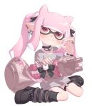  1girl absurdres alternate_color animal_ears black_bow black_shoes blush bow closed_mouth commentary ear_piercing earrings gakusei_noa grey_shirt highres holding holding_weapon hoop_earrings inkling inkling_girl inkling_player_character jewelry leg_warmers long_hair nautilus_(splatoon) piercing pink_hair pointy_ears red_eyes shirt shoes sidelocks simple_background sitting smile solo splatoon_(series) splatoon_3 symbol-only_commentary tentacle_hair twintails wariza weapon white_background 