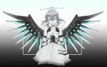  1girl absurdres aqua_eyes breasts colored_skin commission cowboy_shot cyborg dress glowing glowing_eyes grey_hair halo highres joints looking_at_viewer mechanical_wings medium_hair phantasy_star phantasy_star_online_2 phantasy_star_online_2_new_genesis protagonist_(pso2) robot_joints second-party_source short_dress small_breasts solo uriel_amaryllis white_dress white_skin wings 
