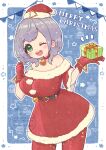  1girl ;d amari_(ama_shiiiiiiba) bare_shoulders bell belt black_belt blue_background blush box bracelet breasts chain choker christmas cowboy_shot dress fur-trimmed_dress fur_trim gift gift_box gloves gold_chain green_eyes grey_hair hat highres holding holding_gift hololive hololive_christmas_outfit jewelry large_breasts looking_at_viewer lying medium_hair merry_christmas mini_hat mini_santa_hat neck_bell off-shoulder_dress off_shoulder official_alternate_costume on_back one_eye_closed open_mouth pantyhose red_choker red_dress red_gloves red_hat red_pantyhose santa_costume santa_dress santa_hat shirogane_noel short_dress smile solo triangle_bracelet virtual_youtuber watermark wavy_hair 