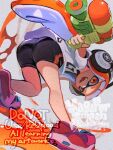  1girl adversarial_noise ass bike_shorts black_shorts grey_background gun headphones hirotaka_(hrtk990203) holding holding_gun holding_weapon ink inkling inkling_girl inkling_player_character long_hair looking_at_viewer looking_back open_mouth orange_eyes orange_hair paint print_shirt shirt shorts smile solo splatoon_(series) splatoon_1 splattershot_(splatoon) t-shirt watermark weapon white_shirt 