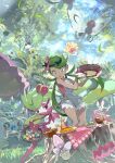  basket berry_(pokemon) black_hair blue_hair bowl butterfree castform castform_(sunny) cup dark-skinned_female dark-skinned_male dark_skin drinking_straw e_volution falling_leaves flower food food_in_mouth forest green_eyes green_hair hair_flower hair_ornament heart highres holding holding_basket holding_bowl holding_spoon kecleon kiawe_(pokemon) lana_(pokemon) leaf long_hair looking_at_viewer lurantis mallow_(pokemon) morelull multicolored_hair nature olivia_(pokemon) open_mouth outdoors oven_mitts overalls passimian plate pokemon pokemon_(creature) pokemon_sm red_hair shiinotic short_hair spoon tree tree_stump tsareena twintails two-tone_hair very_long_hair 