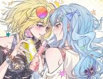 2girls absurdres bang_dream! bang_dream!_it&#039;s_mygo!!!!! black_shirt blue_bow blue_hair blush bottle bow bracelet can chinese_commentary closed_mouth clothing_cutout commentary_request ear_piercing earrings eyewear_on_head glint gradient_eyes hair_between_eyes hair_bow hero45439083942 highres holding holding_bottle holding_can jewelry linked_piercing long_hair misumi_uika multicolored_eyes multiple_girls open_mouth piercing purple_eyes ramune ring shirt shoulder_cutout sidelocks togawa_sakiko upper_body white_shirt yellow_eyes 