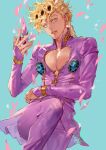  1boy aqua_background artist_name bishounen blonde_hair braid bug cleavage_cutout clothing_cutout colored_eyelashes earrings funpjinju giorno_giovanna jacket jewelry jojo_no_kimyou_na_bouken korean_text ladybug ladybug_ornament long_hair male_focus pants parted_lips petals pink_jacket pink_pants sleeves_past_wrists smile solo toned toned_male vento_aureo victory_rolls watermark yellow_eyes 