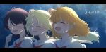  3girls :d ^_^ black_hair blonde_hair blue_hair blue_sky blush closed_eyes commentary_request dress facing_viewer floating_hair gradient_hair hair_ornament hasu_no_sora_school_uniform highres hinoshita_kaho link!_like!_love_live! long_hair love_live! medium_hair multicolored_hair multiple_girls murano_sayaka neckerchief night night_sky open_mouth orange_hair osawa_rurino othiwo portrait puffy_short_sleeves puffy_sleeves rabbit_hair_ornament red_neckerchief sailor_collar sailor_dress school_uniform short_sleeves sky smile star_(sky) starry_sky summer_uniform translation_request two_side_up virtual_youtuber white_dress white_sailor_collar 