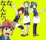  alternate_costume apron asumi_(asuminnmin) bad_id bad_pixiv_id blue_hair corn_(pokemon) corn_(pokemon)_(cosplay) cosplay crossover dent_(pokemon) dent_(pokemon)_(cosplay) endou_mamoru green_hair hair_over_one_eye inazuma_eleven inazuma_eleven_(series) kazemaru_ichirouta male_focus midorikawa_ryuuji mmr_magazine_mystery_chousa_han multiple_boys nagumo_haruya parody pod_(pokemon) pod_(pokemon)_(cosplay) pokemon pokemon_(game) pokemon_bw ponytail red_hair translated triplets 