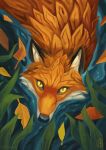 canid canine cheek_tuft detailed detailed_background detailed_fur facial_tuft feral fox fur glistening glistening_eyes leaf looking_at_viewer male mammal plant pointy_ears raironu signature solo tuft water watermark yellow_sclera