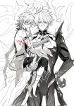  2boys aged_down alternate_form ancient_greek_clothes arm_tattoo asymmetrical_wings bandaged_leg bandages black_pants black_shirt chest_tattoo chinese_commentary chiton clawed_gauntlets commentary_request cracked_skin facial_tattoo greco-roman_clothes greyscale hair_between_eyes halo halo_behind_head highres honkai:_star_rail honkai_(series) male_focus material_growth messy_hair monochrome multiple_boys mydei_(a_trail_of_bygone_blood)_(honkai:_star_rail) mydei_(honkai:_star_rail) pants phainon_(honkai:_star_rail) qiaose33912 red_tattoo shirt short_hair simple_background sleeveless sleeveless_shirt spot_color tattoo torn_clothes torn_pants torn_shirt white_background wings 