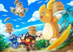  =_= alolan_raichu animal_focus beach bird blue_eyes blue_sky cat cloud colored_sclera commentary_request day fangs floating flying food food_in_mouth grass holding holding_plate horizon leaf litten mobbbt no_humans open_mouth outdoors outline palm_tree pancake pancake_stack plate pokemon pokemon_(creature) pokemon_focus popplio pyukumuku rowlet sand sky smile starter_pokemon_trio sweatdrop tree water wingull yellow_sclera 