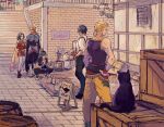  1girl 4boys animal back bandana bare_shoulders barrel black_cat black_gloves black_jacket black_pants blonde_hair blue_bandana blue_eyes boots bracelet brick_floor building cape cat crate cropped_jacket cursive dress earrings edgar_roni_figaro english_text facial_hair final_fantasy final_fantasy_vi gloves gradient_cape green_hair grey_eyes grey_hair hair_ribbon high_ponytail holding jacket jewelry locke_cole long_hair looking_at_viewer low_ponytail multi-tied_hair multiple_boys necklace orange_wrist_cuffs outdoors pants parted_bangs ponytail purple_tank_top red_boots red_dress red_sleeves ribbon sabin_rene_figaro sash shirt shopping short_ponytail shovel sign sleeves_past_wrists smile squatting stairs standing strapless strapless_dress stubble suspenders tank_top tassel-trimmed_cape terra_branford treasure_chest triangle_print tube_dress uedymummy0921 vase waist_sash white_boots white_shirt wrist_cuffs yellow_cape 
