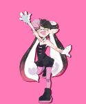  1girl asase_02 black_dress black_hair black_shoes callie_(splatoon) callie_(squid_sisters_outfit)_(splatoon) commentary dress fang full_body gloves gradient_hair highres inkling long_hair multicolored_hair open_mouth pantyhose pink_background pink_hair pink_pantyhose pointy_ears shoes simple_background smile solo splatoon_(series) splatoon_1 strapless strapless_dress symbol-only_commentary tentacle_hair thick_eyebrows two-tone_hair very_long_hair waving white_gloves yellow_eyes 