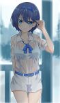  1girl arm_behind_back belt blue_belt blue_eyes blue_hair blue_hairband bra cevio collarbone hairband highres looking_at_viewer rain see-through_clothes see-through_shirt sena_kizahashi shirt short_hair shorts smile solo suzuki_tsudumi underwear water_drop wet wet_clothes wet_shirt white_bra white_shorts 