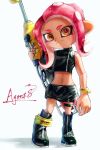  1girl agent_8_(splatoon) black_boots black_skirt boots character_name closed_mouth commentary_request crop_top dark-skinned_female dark_skin e-liter_4k_(splatoon) gun highres holding holding_gun holding_weapon kodak_painter korean_commentary long_hair looking_at_viewer miniskirt navel octoling pencil_skirt red_hair skirt smile solo splatoon_(series) splatoon_2 splatoon_2:_octo_expansion standing tentacle_hair thick_eyebrows weapon 