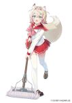  1girl :o animal_ear_fluff animal_ears bandaid bandaid_hair_ornament blonde_hair blue_eyes bow bowtie brown_shoes commentary copyright_notice crossed_bangs dog_ears dog_girl dog_tail double-parted_bangs english_commentary full_body hair_between_eyes hair_intakes hair_ornament hairband holding holding_mop hololive hololive_english horn_hairband loafers long_sleeves looking_at_viewer miniskirt mococo_abyssgard mop mopping multicolored_hair official_art open_mouth pink_bow pink_bowtie pink_hair pink_hairband pleated_skirt red_sailor_collar red_skirt sailor_collar school_uniform serafuku shoes short_hair simple_background skirt solo streaked_hair tail thighhighs to_heart to_heart_(series) tokisaka_makoto two_side_up virtual_youtuber white_background white_thighhighs x_hair_ornament 