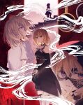  2girls absurdres bang_dream! bang_dream!_it&#039;s_mygo!!!!! black_dress black_mask blonde_hair breasts brown_corset chinese_commentary closed_eyes clothing_cutout commentary_request corset doloris_(bang_dream!) dress garter_straps hair_between_eyes highres kneehighs mask masquerade_mask medium_breasts medium_hair misumi_uika multiple_girls multiple_views muonrei00 open_mouth parted_lips purple_eyes shirt short_sleeves shoulder_cutout silhouette socks togawa_sakiko white_shirt white_socks yuri 