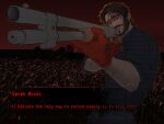  1boy absurdres aiming arm_hair bags_under_eyes beard brown_hair clenched_teeth constricted_pupils dialogue_box facial_hair farm gloves gun highres holding holding_gun holding_weapon horizon ju-san male_focus messy_hair open_mouth original plaid_clothes plaid_shirt red_eyes red_gloves red_sky red_theme rifle shirt short_hair silhouette sky sleeves_rolled_up solo teeth upper_body visual_novel weapon wheat_field 