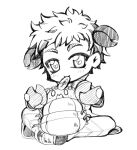  1boy arch_bishop_(ragnarok_online) commentary_request cookie crab food full_body greyscale kamui_setsuna lineart looking_at_viewer male_focus monochrome open_mouth pants ragnarok_online shoes short_bangs short_hair simple_background solo vadon 