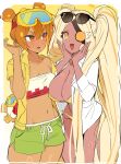  2girls :d @_@ alternate_hairstyle bad_id bad_twitter_id bikini black-framed_eyewear blonde_hair blush border breasts brown_hair coat collared_coat collared_shirt cookie_run cookie_run:_ovenbreak cosmos_gear cowboy_shot croissant_cookie croissant_cookie_(sodagun_developer) dark-skinned_female dark_skin dot_nose double-parted_bangs double_bun dual_persona eyepatch eyewear_on_head goggles goggles_on_head green_swim_trunks hair_between_eyes hair_bun hands_on_own_cheeks hands_on_own_face highres humanization large_breasts long_hair looking_at_another lower_teeth_only micro_bikini multicolored_hair multiple_girls navel official_alternate_costume official_alternate_hairstyle ohta_guk_hip one_eye_covered open_clothes open_coat open_mouth open_shirt orange_eyes orange_hair outside_border shirt short_sleeves simple_background single_bare_shoulder small_breasts smile standing strapless streaked_hair sunglasses sweat swimsuit teeth three-quarter_sleeves timekeeper_cookie tongue tube_top twintails two-tone_hair v-shaped_eyebrows very_long_hair white_border white_coat white_tube_top yellow_background yellow_bikini yellow_shirt 