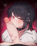  2girls belle_(zenless_zone_zero) black_choker black_hair blush breasts censored choker colored_inner_hair commentary_request ellen_joe ellen_joe_(on_campus) futa_with_female futanari hair_ornament highres holding huge_penis kissing_penis large_breasts large_penis looking_at_viewer mole mole_under_eye mosaic_censoring multicolored_hair multiple_girls multiple_moles penis pov pov_crotch razor_blade_hair_ornament red_background red_eyes red_hair rikuguma shirt short_hair squiggle steam swept_bangs two-tone_hair veins veiny_penis white_shirt x_hair_ornament zenless_zone_zero 