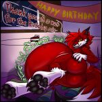 absurd_res ambiguous_gender ambiguous_prey anthro birthday bulge butt butt_expansion cake canid canine cheek_tuft claws clothes_on_floor clothing dessert digested digestion digestion_noises expansion eyelashes facial_tuft feet fluffy fluffy_tail food foot_focus fox furniture glowing glowing_eyes hand_on_butt hat headgear headwear hi_res ira_(ira_the_carnivore) ira_the_carnivore lying male male_pred mammal mass_vore moon neck_tuft nintendo_console nude on_side onomatopoeia party_hat pawpads paws presenting red_fox rumbling_stomach same_size_vore shaded slosh sloshing_belly smug_face solo sound_effects table tail text true_fox tuft vore weight_gain whiskers window