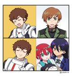  2boys 2girls amate_yuzuriha amuro_ray aqua_eyes artist_name black_hair brown_hair char&#039;s_counterattack closed_eyes closed_mouth commentary_request drakeposting_(meme) green_eyes gundam gundam_gquuuuuux haro hat highres hikage_sumihito holding jacket long_hair long_sleeves looking_at_viewer mecha_pilot_suit meme military military_uniform mole mole_under_mouth multiple_boys multiple_girls necktie no_(gesture) normal_suit_(gundam) nyaan_(gundam_gquuuuuux) open_mouth pointing red_hair rejection school_uniform science_fiction shirt short_hair smile sweater twitter_username upper_body xavier_olivette yellow_eyes 