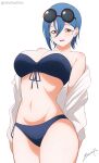  1girl absurdres alterrealzero bikini blue_bikini blue_hair breasts commentary cowboy_shot crossed_bangs english_commentary eyewear_on_head hair_between_eyes highres jacket large_breasts looking_at_viewer love_live! love_live!_superstar!! navel off_shoulder open_clothes open_jacket orange_eyes round_eyewear signature simple_background solo standing stomach sunglasses swimsuit twitter_username wakana_shiki white_background white_jacket 