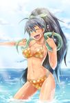  :d animal aqua_eyes bikini black_hair breasts cleavage dan_(orange_train) ganaha_hibiki hamster hamuzou heart high_ponytail idolmaster idolmaster_(classic) long_hair medium_breasts midriff navel one_eye_closed open_mouth ponytail smile snake solo sparkle sunlight swimsuit wading water 