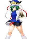  blue_eyes green_hair hat legs onsoku_maru rod_of_remorse shiki_eiki short_hair solo thighs touhou 