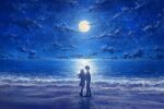  1boy 1girl au_ito beach cloud commentary_request dress facing_another footprints full_moon hetero highres horizon hug long_hair long_sleeves moon moonlight night night_sky ocean original outdoors pants pantyhose sand shirt shoes short_hair silhouette sky sky_focus star_(sky) starry_sky waves wide_shot 